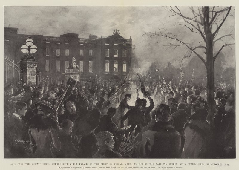 ¡Dios salve a la Reina! Escena fuera del Palacio de Buckingham en la noche del viernes 9 de marzo, cantando el himno nacional a una señal dada por fuego coloreado de Henry Charles Seppings Wright