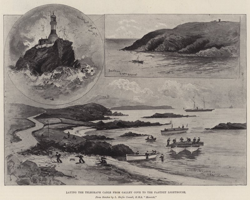Tendiendo el cable telegráfico desde Galley Cove hasta el Faro Fastnet de Henry Charles Seppings Wright