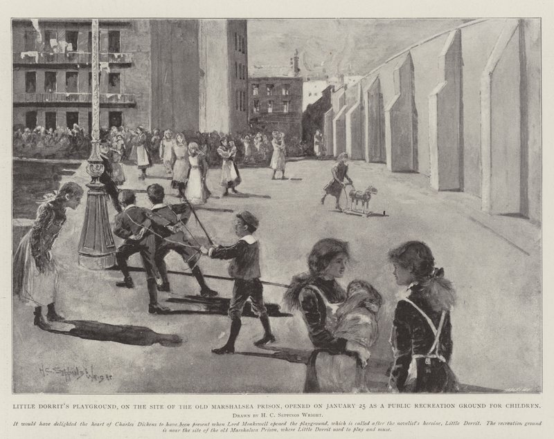 El Patio de Juegos de Little Dorrit, en el Sitio de la Antigua Prisión de Marshalsea, inaugurado el 25 de enero como un Área de Recreación Pública para Niños de Henry Charles Seppings Wright