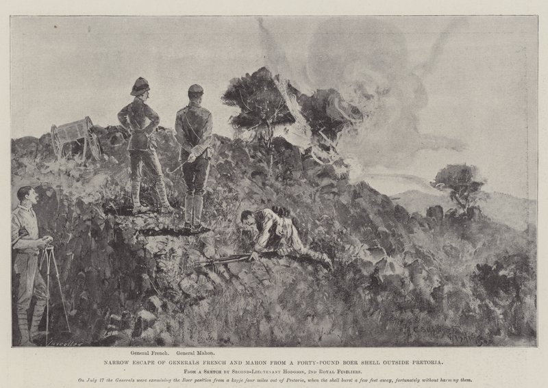 Escapada por Poco de los Generales French y Mahon de un Obús Bóer de Cuarenta Libras fuera de Pretoria de Henry Charles Seppings Wright