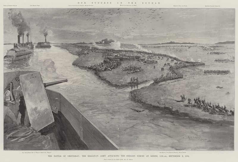 Nuestro éxito en Sudán, la batalla de Omdurman, el ejército del Khalifa atacando las fuerzas del Sirdar en Keriri, 6:30 am, 2 de septiembre de 1898 de Henry Charles Seppings Wright