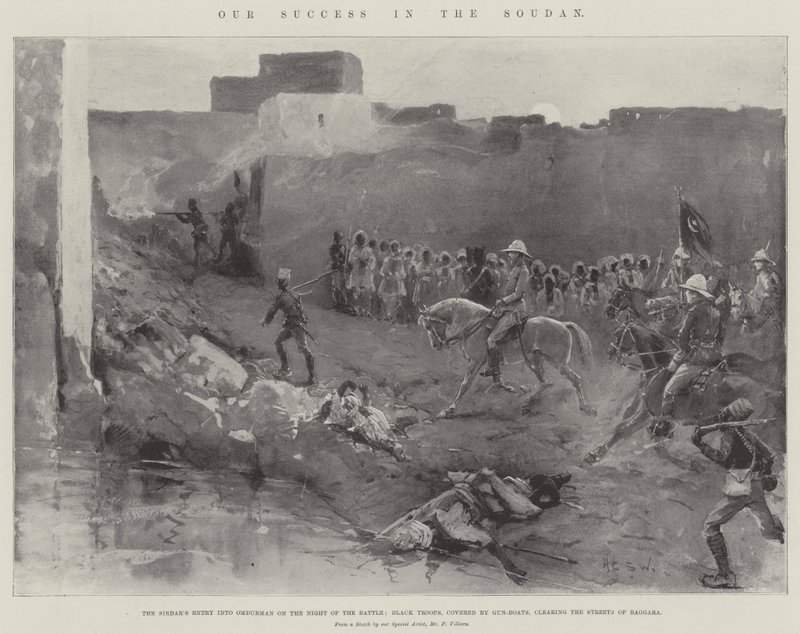 Nuestro Éxito en Sudán, la Entrada del Sirdar en Omdurman en la Noche de la Batalla, Tropas Negras, cubiertas por Barcos de Guerra, despejando las Calles de Baggara de Henry Charles Seppings Wright