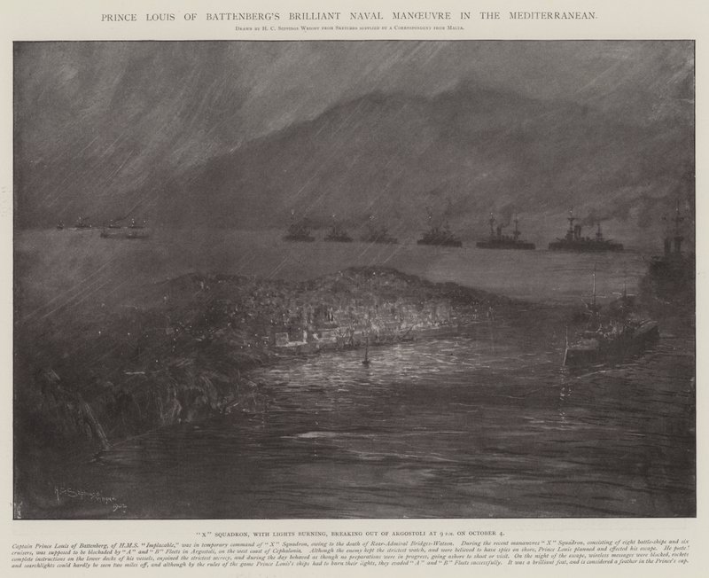 La brillante maniobra naval del Príncipe Luis de Battenberg en el Mediterráneo de Henry Charles Seppings Wright