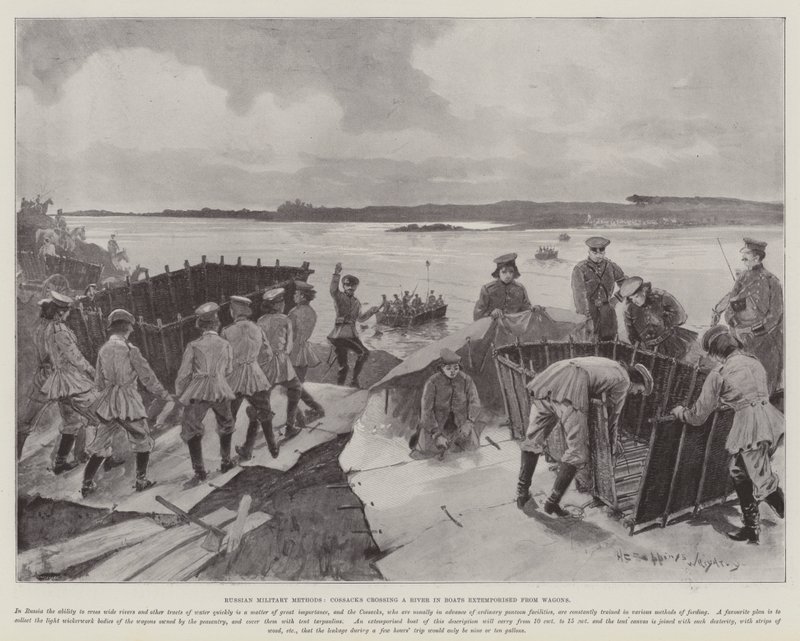 Métodos militares rusos, cosacos cruzando un río en botes improvisados con carros de Henry Charles Seppings Wright