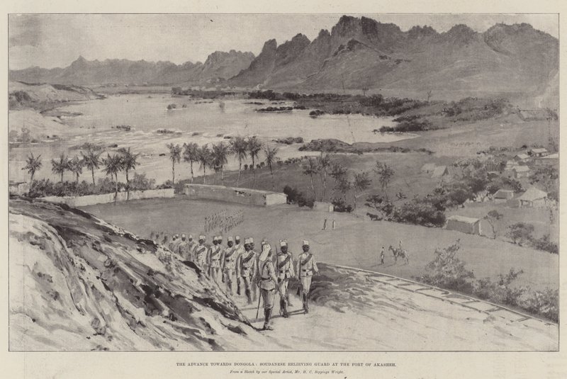 El avance hacia Dongola, sudaneses relevando guardia en el fuerte de Akasheh de Henry Charles Seppings Wright