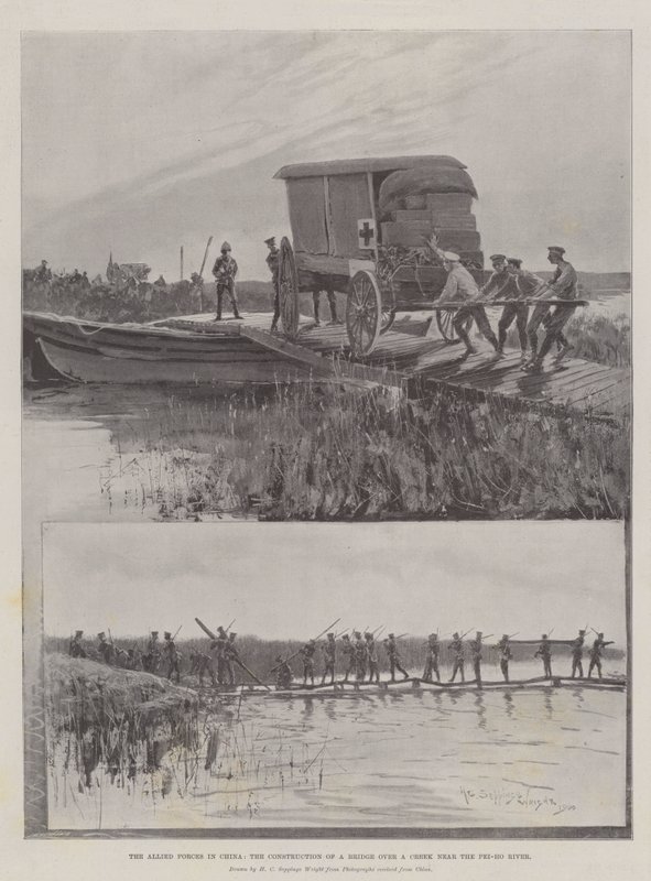 Las Fuerzas Aliadas en China, la Construcción de un Puente sobre un Arroyo cerca del Río Pei-ho de Henry Charles Seppings Wright