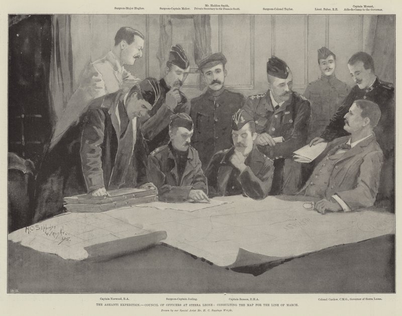 La expedición Ashanti, consejo de oficiales en Sierra Leona, consultando el mapa para la línea de marcha de Henry Charles Seppings Wright