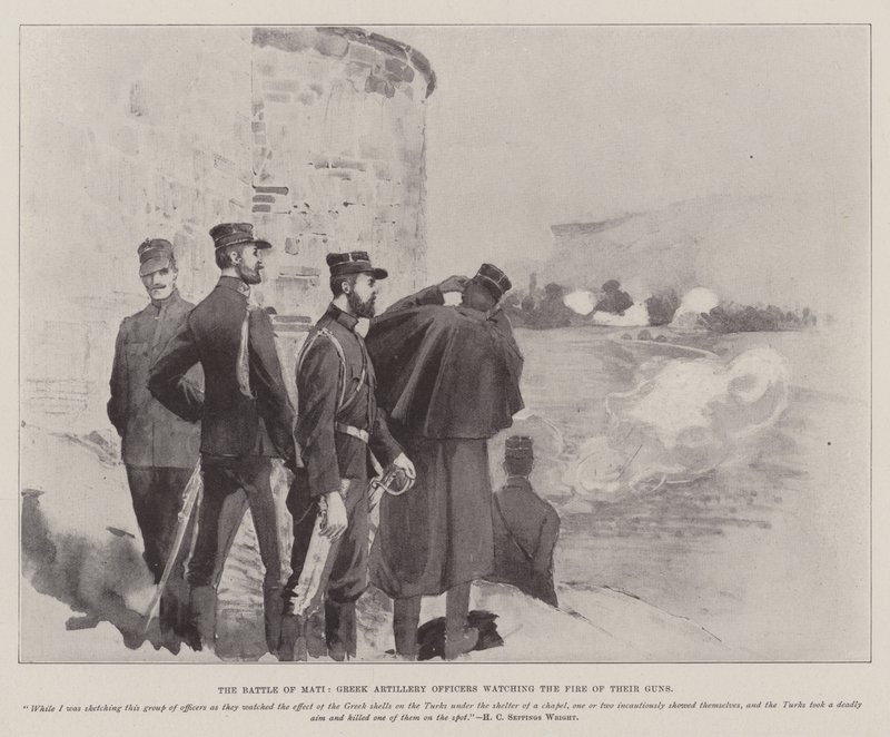 La batalla de Mati, oficiales de artillería griegos observando el fuego de sus cañones de Henry Charles Seppings Wright