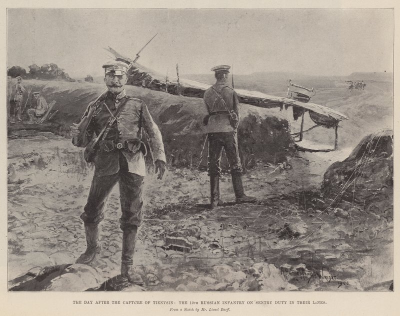 El día después de la captura de Tientsin, el 12º de Infantería Rusa en servicio de centinela en sus líneas de Henry Charles Seppings Wright