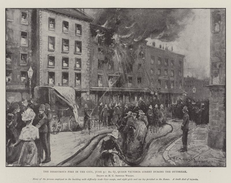 El desastroso incendio en la ciudad, 9 de junio, No 67, Queen Victoria Street durante el brote de Henry Charles Seppings Wright