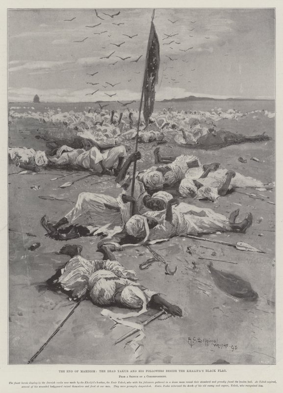 El fin del Mahdismo, el muerto Yakub y sus seguidores junto a la bandera negra del Khalifa de Henry Charles Seppings Wright