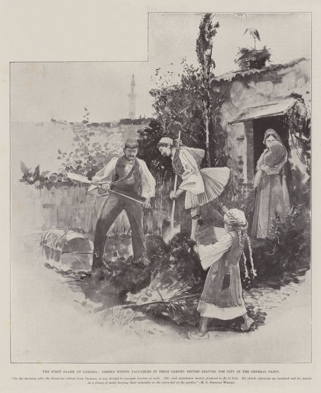 La primera alarma en Larissa, griegos escondiendo objetos de valor en su jardín antes de abandonar la ciudad en el pánico general de Henry Charles Seppings Wright