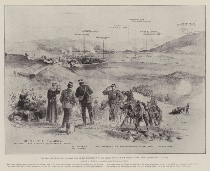 La Guerra Greco-Turca, Vista General de la Disposición de las Tropas Griegas en la Batalla de Villa Vista (Batalla de Velestino) de Henry Charles Seppings Wright