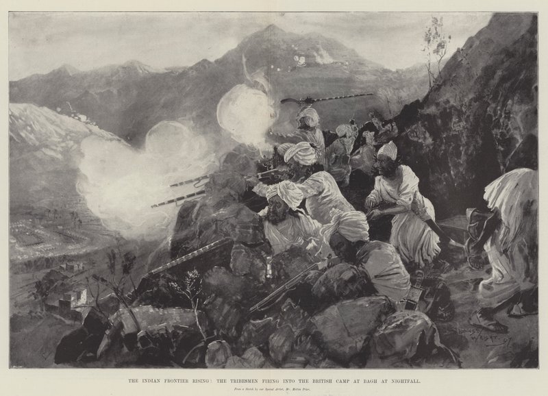 El levantamiento de la frontera india, los tribus disparando al campamento británico en Bagh al anochecer de Henry Charles Seppings Wright