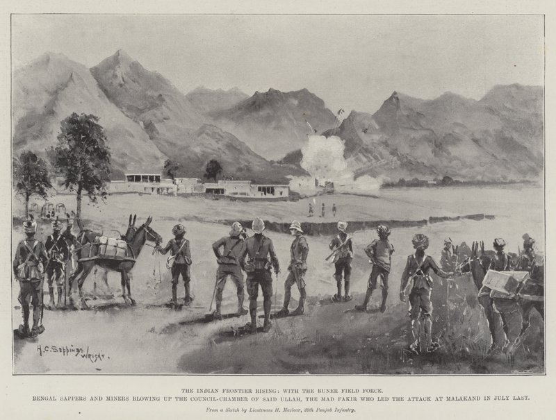 El levantamiento en la frontera india, con la Fuerza de Campo Buner, zapadores y mineros de Bengala volando la Cámara del Consejo de Said Ullah, el loco fakir que lideró el ataque en Malakand en julio pasado de Henry Charles Seppings Wright