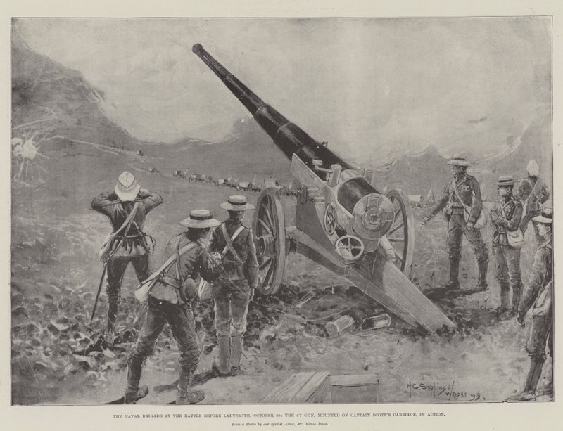 La brigada naval en la batalla antes de Ladysmith, 30 de octubre, el cañón de 4.7, montado en el carro del Capitán Scott, en acción de Henry Charles Seppings Wright