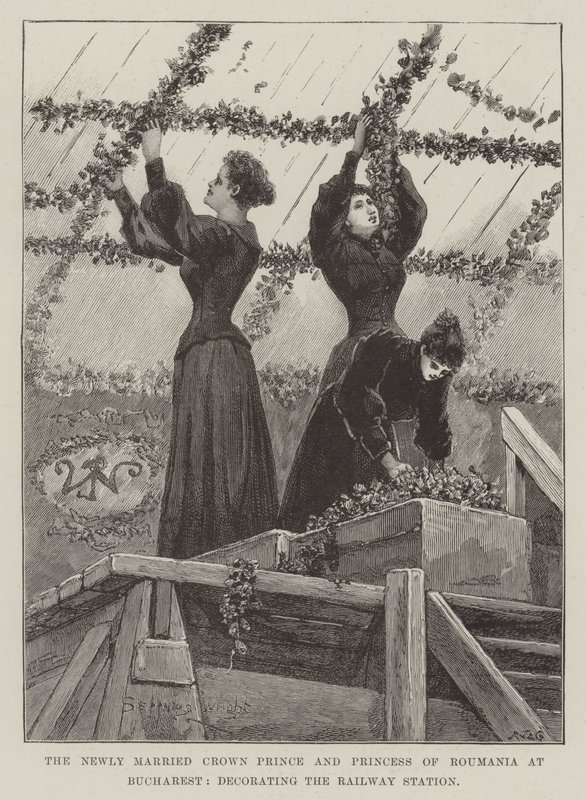 El príncipe heredero y la princesa recién casados de Rumania en Bucarest, decorando la estación de tren de Henry Charles Seppings Wright