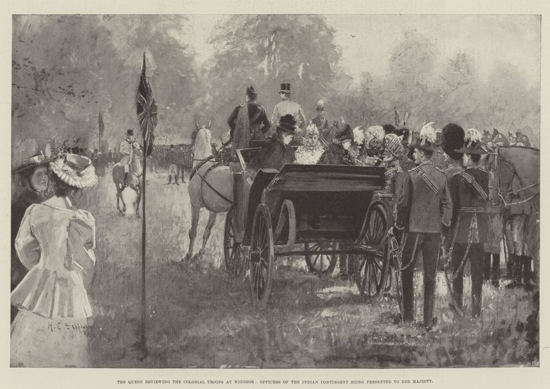 La Reina revisando las tropas coloniales en Windsor, oficiales del contingente indio siendo presentados a Su Majestad de Henry Charles Seppings Wright