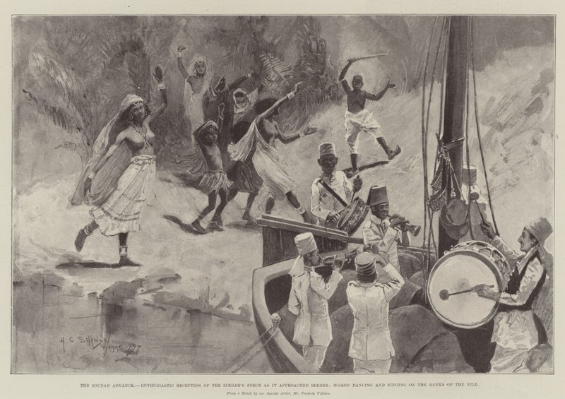 El avance en Sudán, recepción entusiasta de la fuerza del Sirdar al acercarse a Berber, mujeres bailando y cantando en las orillas del Nilo de Henry Charles Seppings Wright