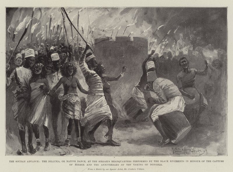 El Avance en Sudán, el Dilluka, o Baile Nativo, en el Cuartel General del Sirdar realizado por los Regimientos Negros en Honor a la Captura de Berber y el Aniversario de la Toma de Dongola de Henry Charles Seppings Wright