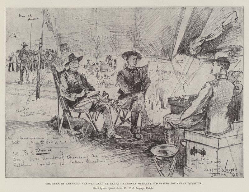 La Guerra Hispanoamericana, en el campamento en Tampa, oficiales americanos discutiendo la cuestión cubana de Henry Charles Seppings Wright