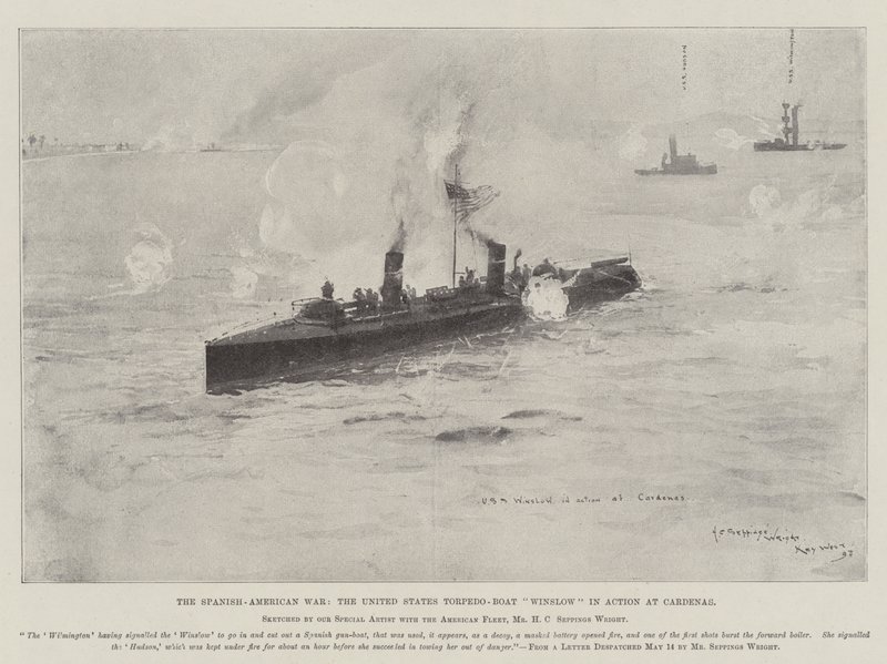 La guerra hispanoamericana, el torpedero estadounidense Winslow en acción en Cárdenas de Henry Charles Seppings Wright