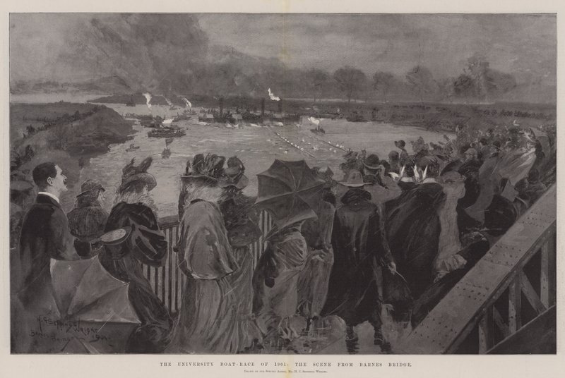 La carrera de botes universitarios de 1901, la escena desde el puente de Barnes de Henry Charles Seppings Wright
