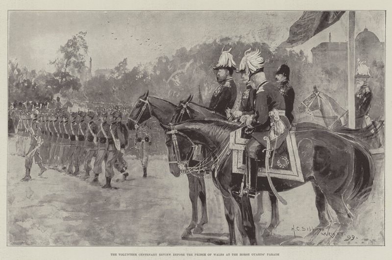 La revisión del centenario del voluntario ante el Príncipe de Gales en el desfile de Horse Guards de Henry Charles Seppings Wright
