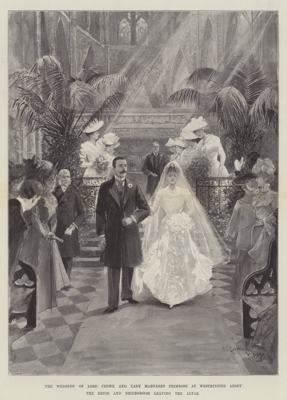 La boda de Lord Crewe y Lady Margaret Primrose en la Abadía de Westminster, la novia y el novio saliendo del altar de Henry Charles Seppings Wright