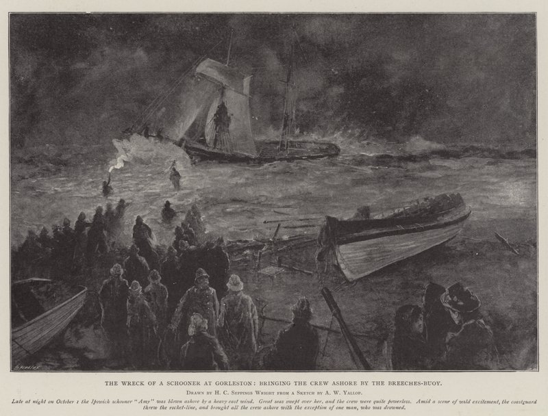 El naufragio de una goleta en Gorleston, trayendo a la tripulación a tierra con el salvavidas de Henry Charles Seppings Wright