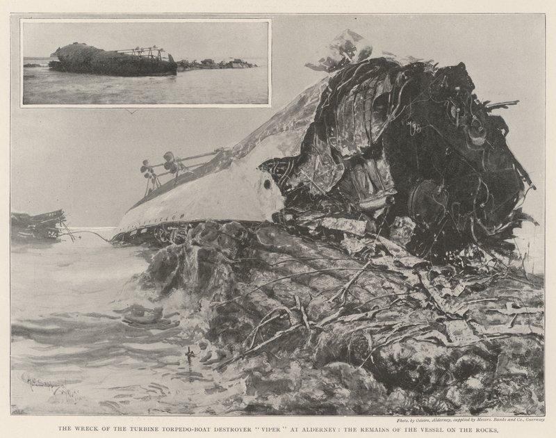 El naufragio del destructor de torpedos de turbina Viper en Alderney, los restos del buque en las rocas de Henry Charles Seppings Wright
