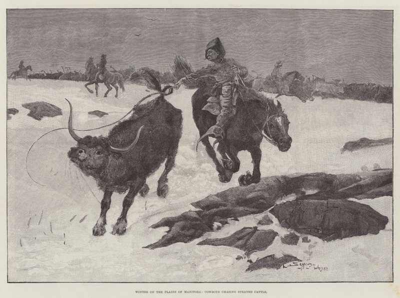 Invierno en las llanuras de Manitoba, vaqueros persiguiendo ganado extraviado de Henry Charles Seppings Wright