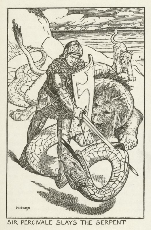 Sir Percivale mata a la serpiente de Henry Justice Ford
