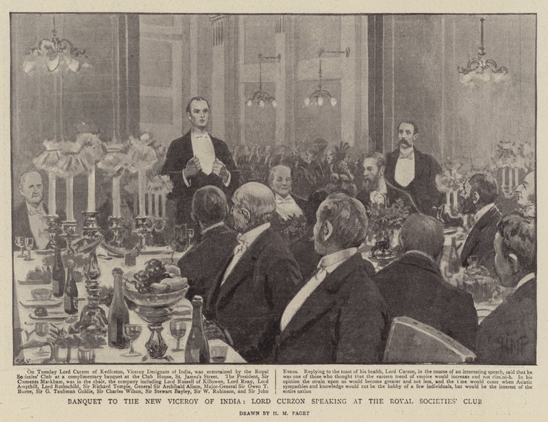 Banquete para el Nuevo Virrey de la India, Lord Curzon hablando en el Club de las Sociedades Reales de Henry Marriott Paget