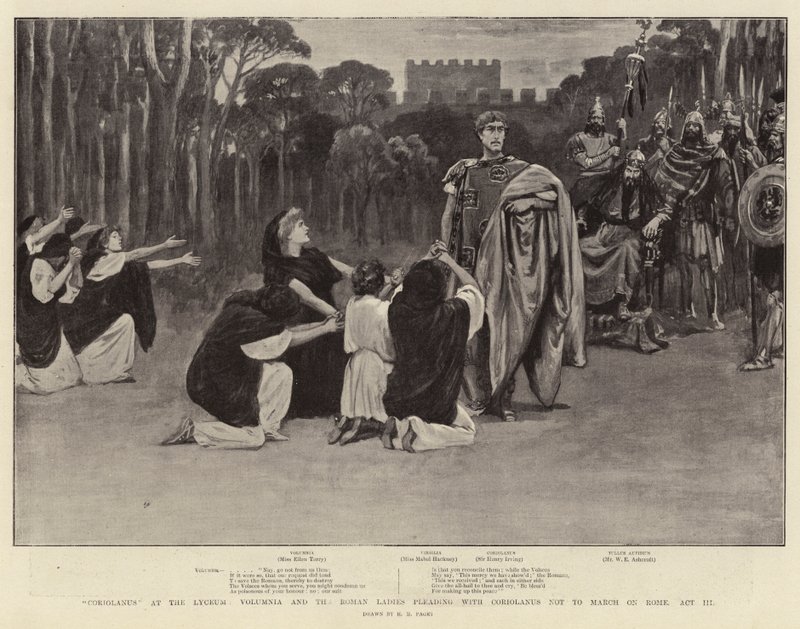 Coriolano en el Lyceum, Volumnia y las Damas Romanas suplicando a Coriolano que no Marchara sobre Roma, Acto III de Henry Marriott Paget