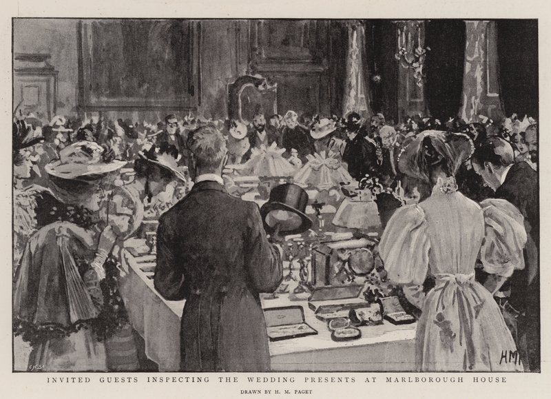 Invitados inspeccionando los regalos de boda en Marlborough House de Henry Marriott Paget