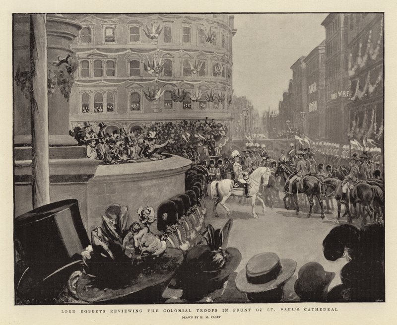 Lord Roberts revisando las tropas coloniales frente a la Catedral de San Pablo de Henry Marriott Paget