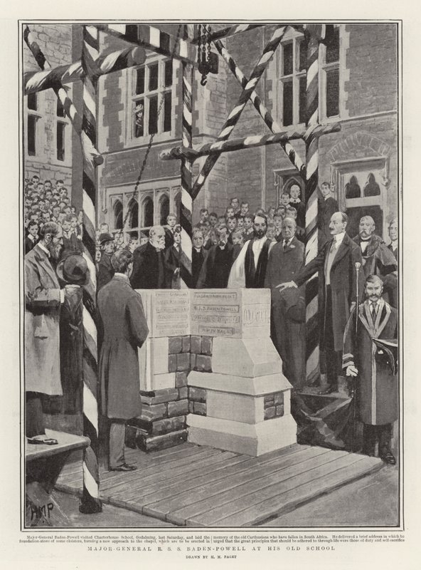 Mayor-General R S S Baden-Powell en su antigua escuela de Henry Marriott Paget