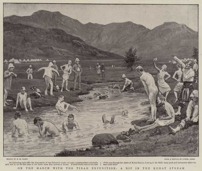 En Marcha con la Expedición Tirah, un Chapuzón en el Arroyo Kohat de Henry Marriott Paget