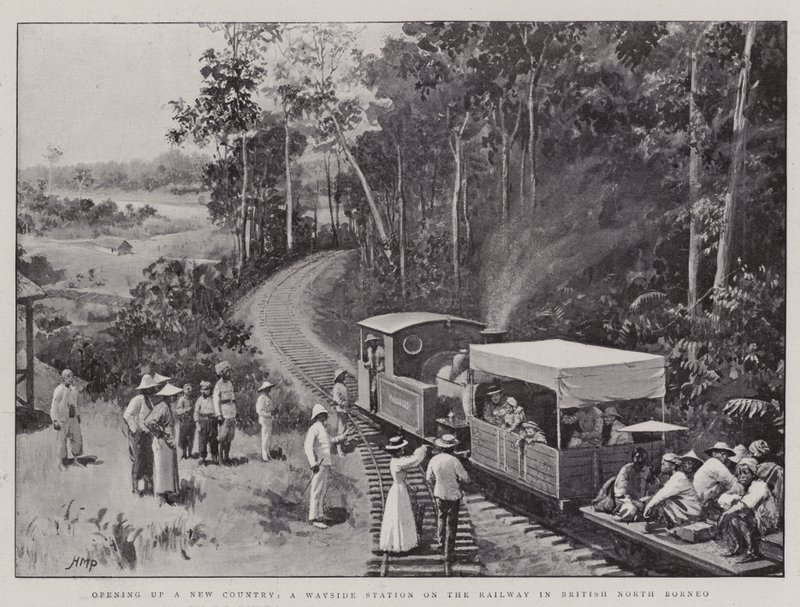 Abriendo un nuevo país, una estación de paso en el ferrocarril en el norte de Borneo británico de Henry Marriott Paget