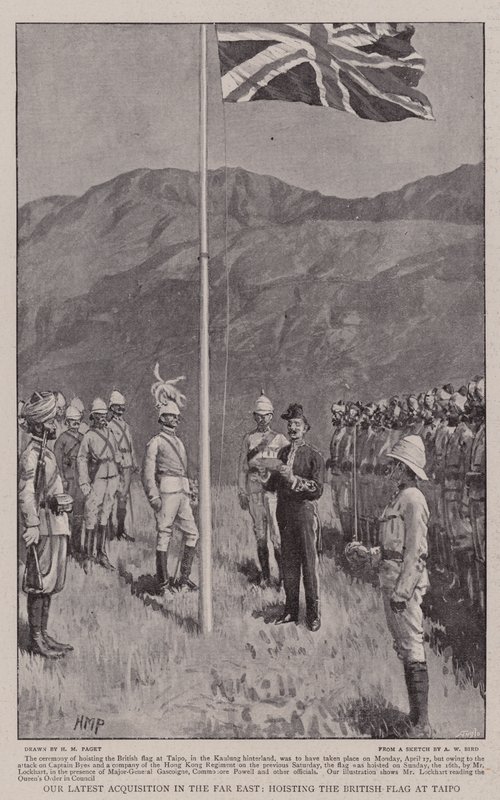 Nuestra última adquisición en el Lejano Oriente, izando la bandera británica en Taipo de Henry Marriott Paget