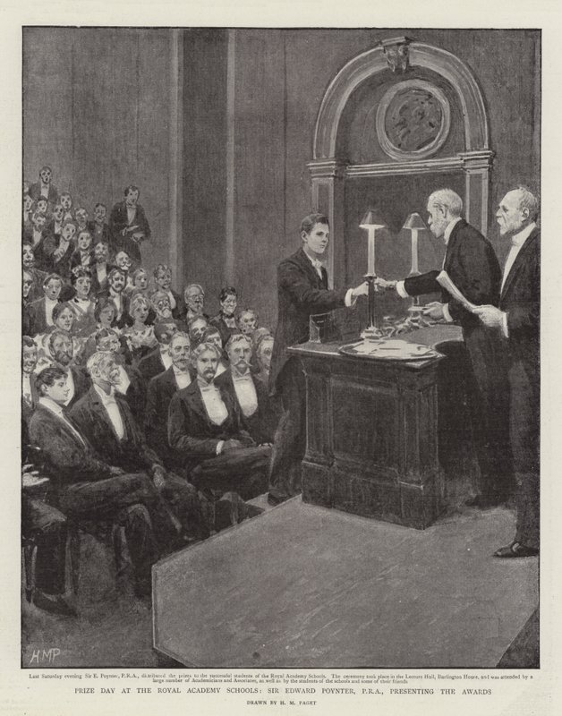 Día de premios en las Escuelas de la Real Academia, Sir Edward Poynter, PRA, presentando los premios de Henry Marriott Paget