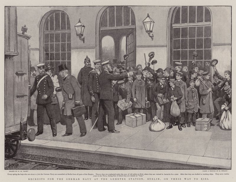 Reclutas para la marina alemana en la estación Lehrter, Berlín, en su camino a Kiel de Henry Marriott Paget