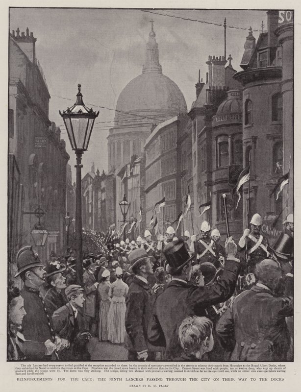 Refuerzos para el Cabo, los Novenos Lanceros pasando por la ciudad en su camino a los muelles de Henry Marriott Paget