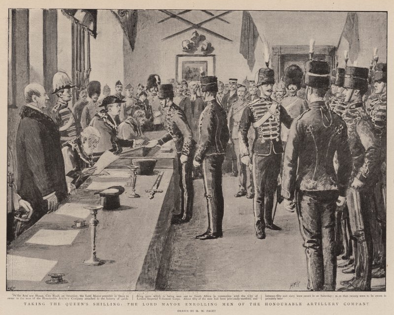 Tomando el Chelín de la Reina, el Alcalde inscribiendo a los Hombres de la Honorable Compañía de Artillería de Henry Marriott Paget