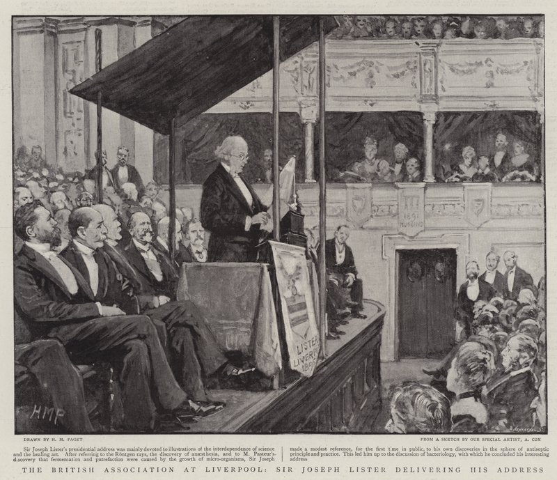 La Asociación Británica en Liverpool, Sir Joseph Lister dando su discurso de Henry Marriott Paget