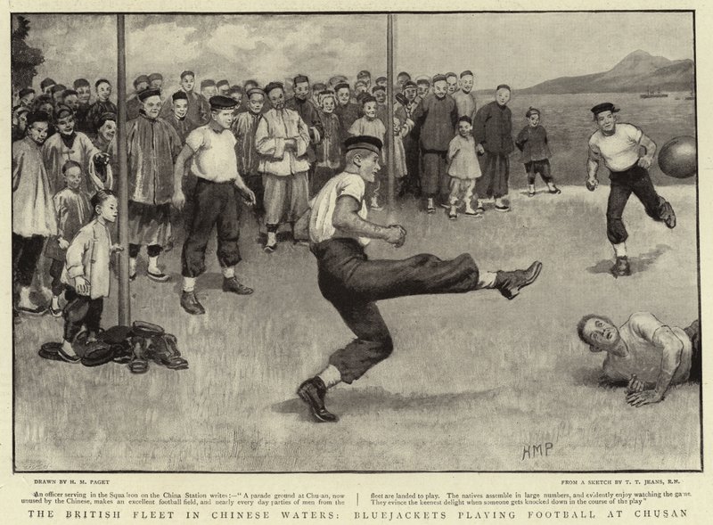 La flota británica en aguas chinas, marineros jugando al fútbol en Chusan de Henry Marriott Paget