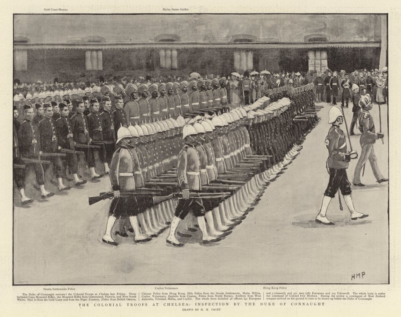 Las tropas coloniales en Chelsea, inspección por el Duque de Connaught de Henry Marriott Paget
