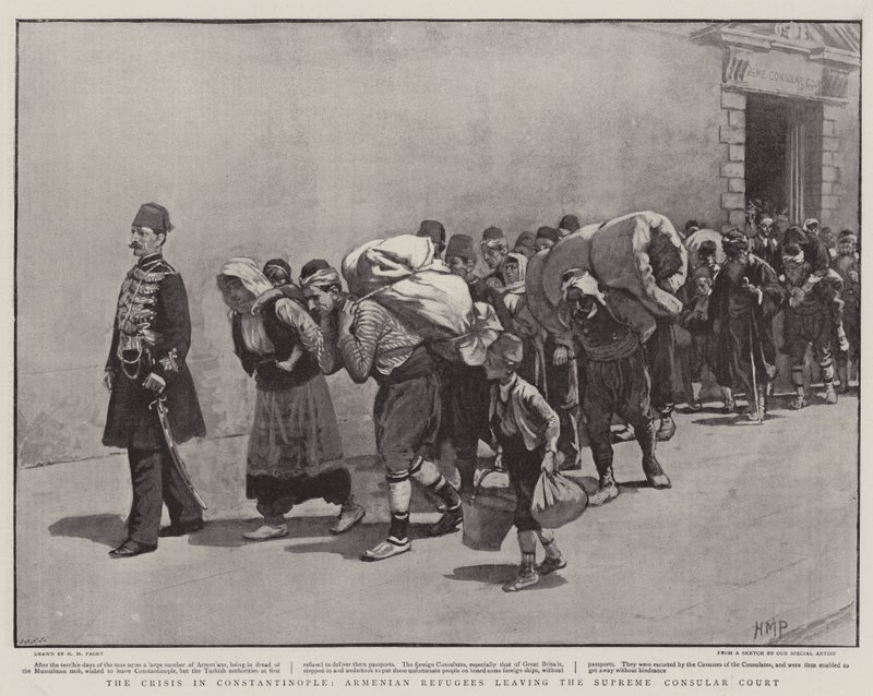 La crisis en Constantinopla, refugiados armenios dejando la Corte Consular Suprema de Henry Marriott Paget