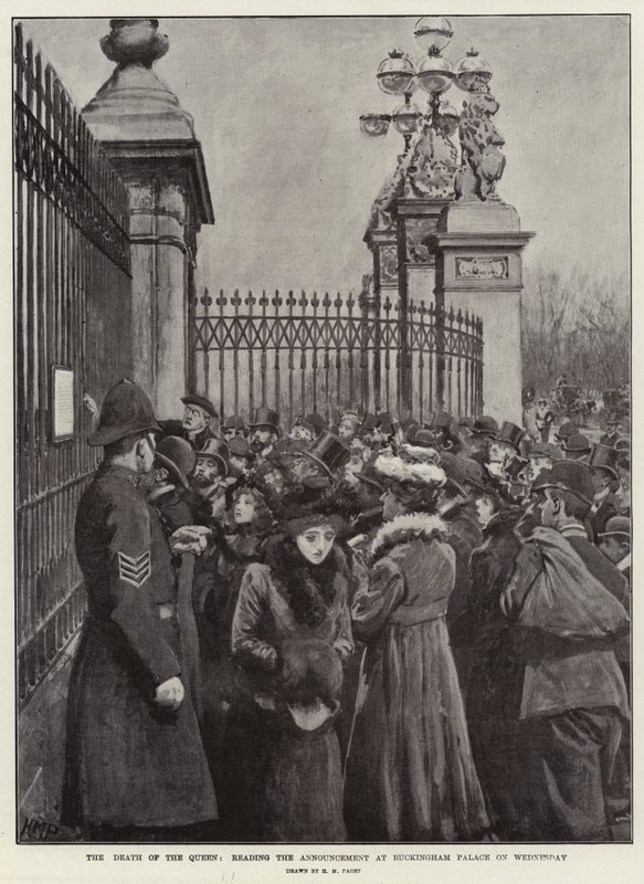 La muerte de la reina, leyendo el anuncio en el Palacio de Buckingham el miércoles de Henry Marriott Paget